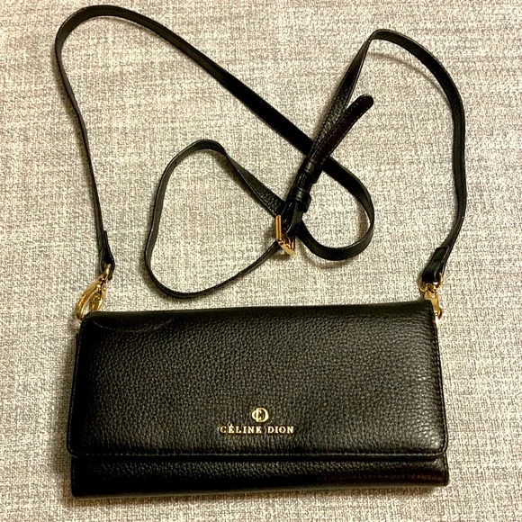 Céline Dion Collection - Black Leather Wallet/ Purse with Shoulder Straps - Picture 5 of 11